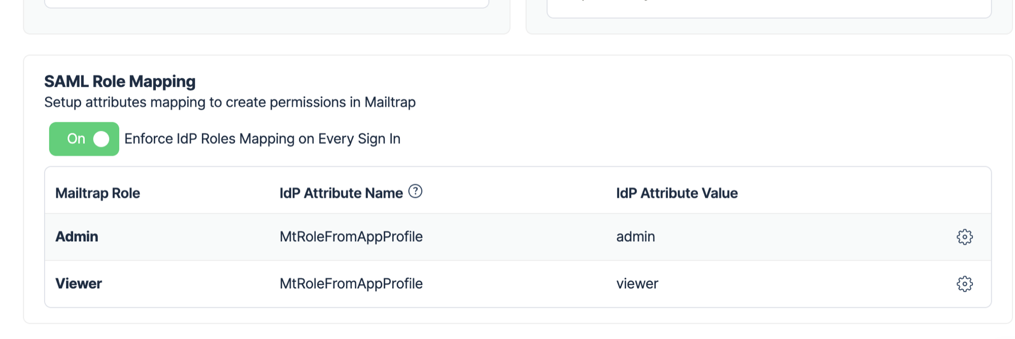 SAML Role Mapping table with Admin and Viewer role attribute configurations