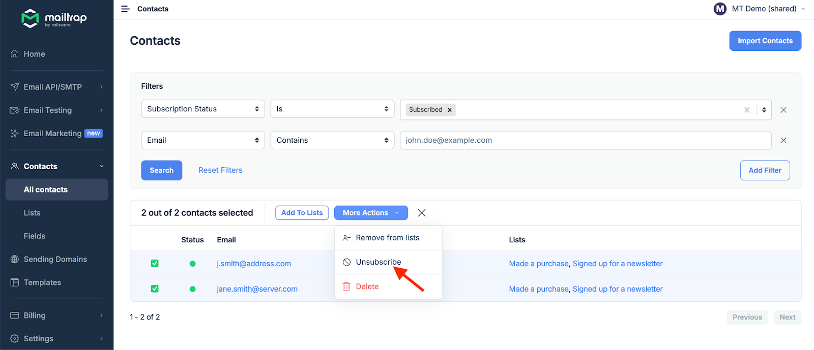 Bulk action menu showing Unsubscribe option