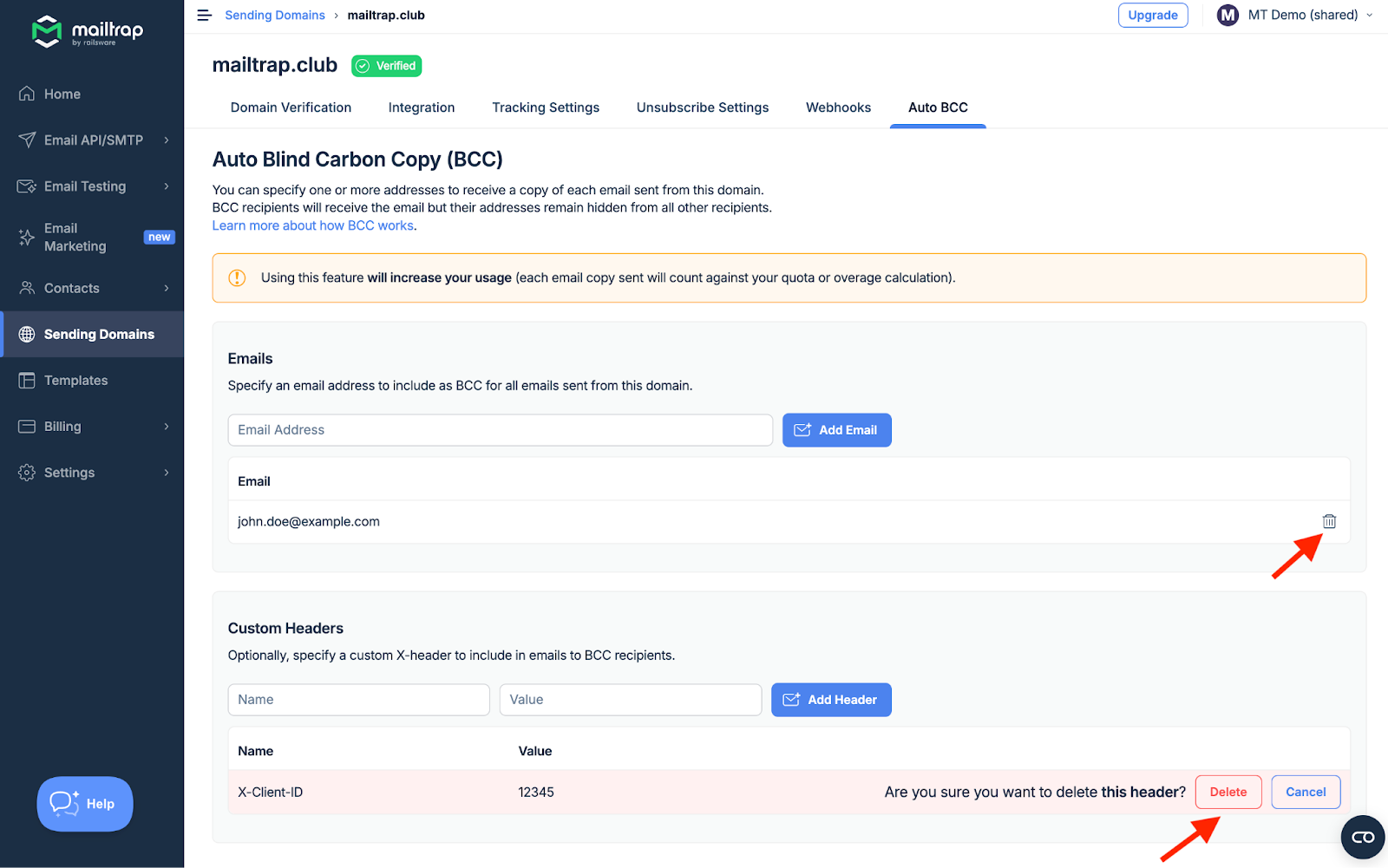Auto BCC page showing email with trash icon and delete confirmation dialog with Delete button highlighted