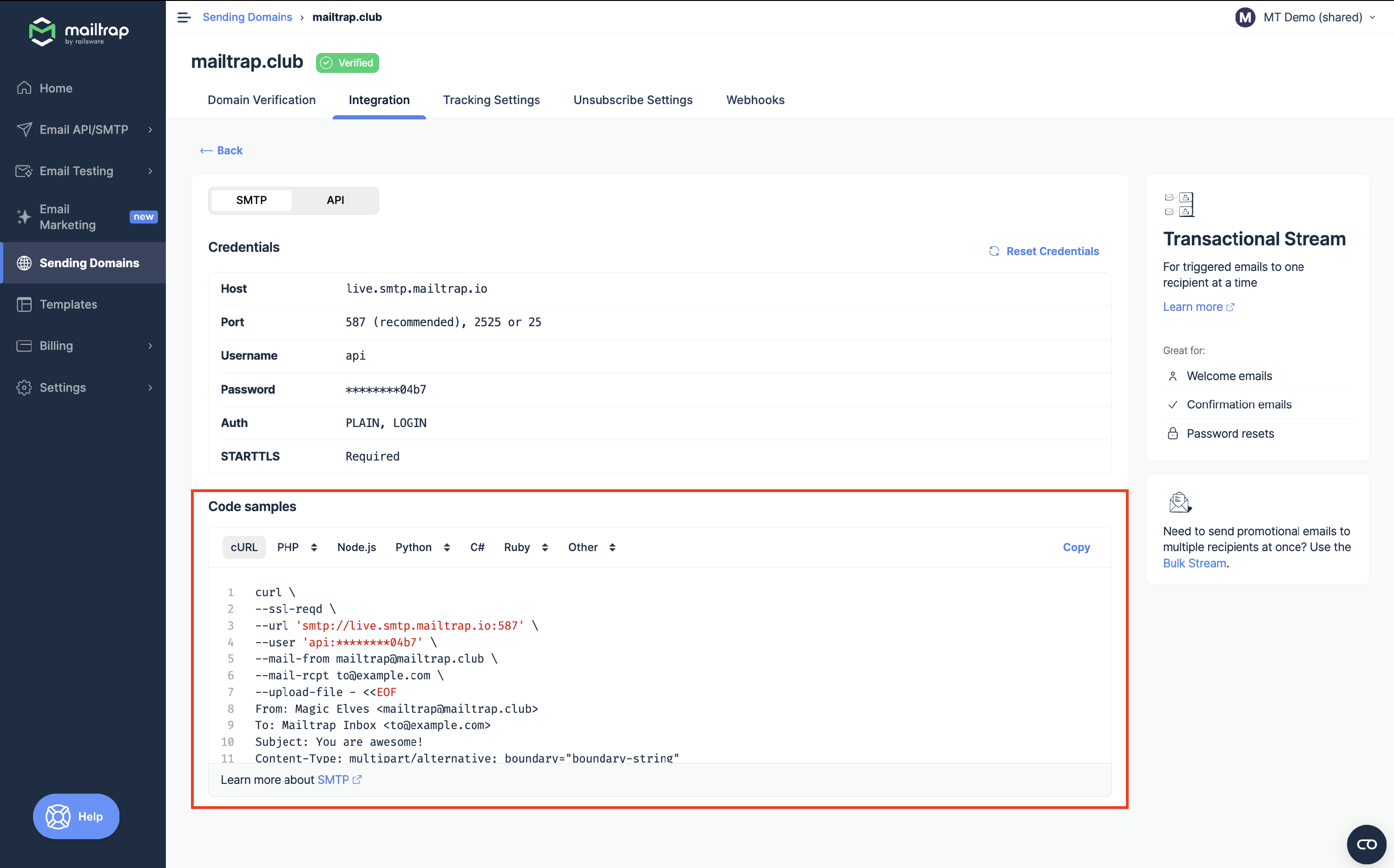 Transactional Stream integration showing highlighted Code samples section with cURL example and programming language options