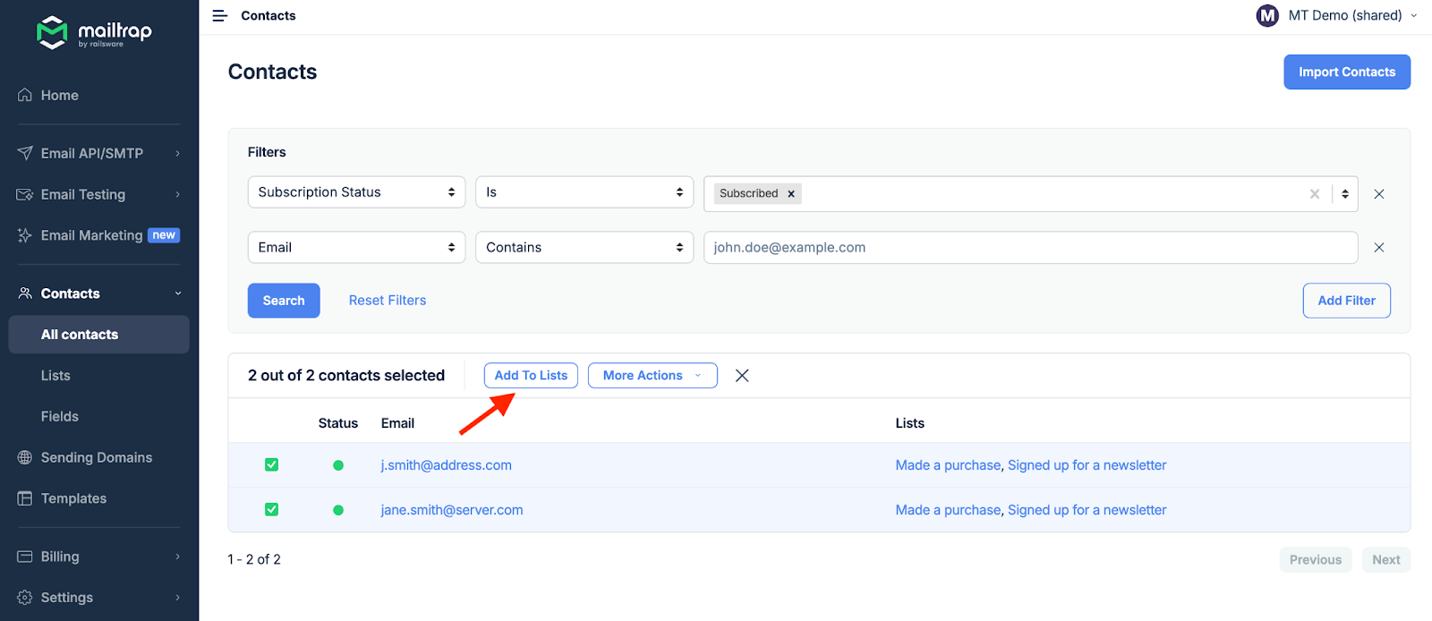 Bulk action to add selected contacts to lists