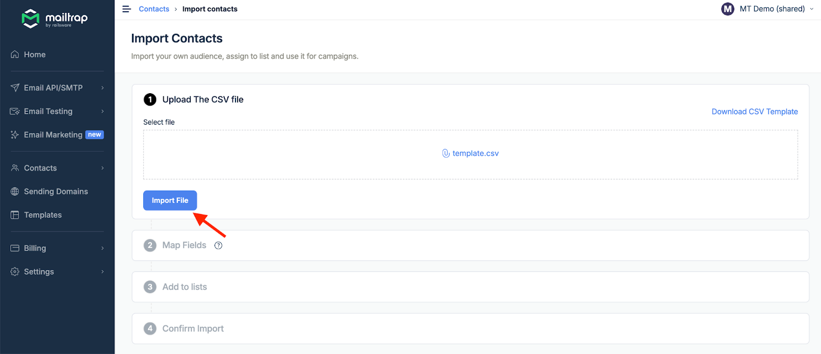 Import File button to proceed with contact upload