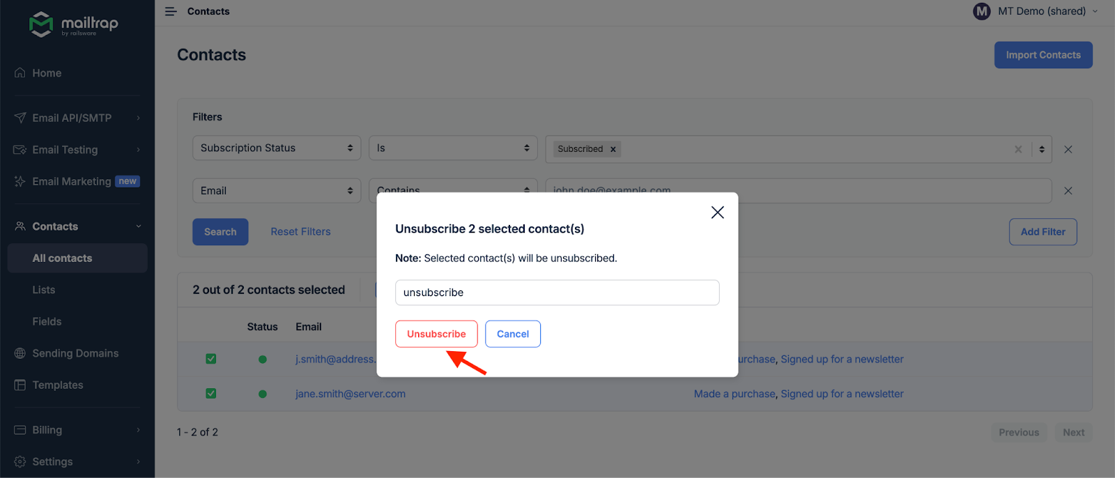 Confirmation dialog to unsubscribe contacts