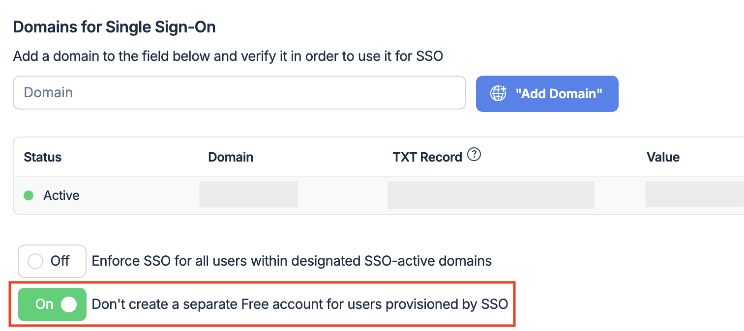 Toggle enabled to prevent creating separate Free accounts for SSO users