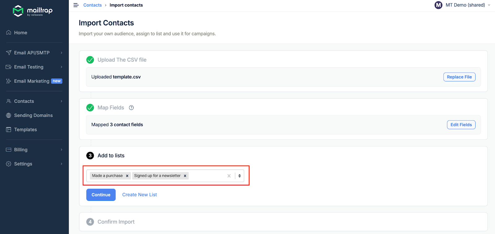 Interface showing contacts being added to multiple lists