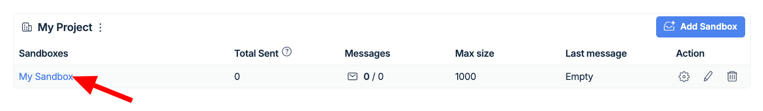 Sandboxes list displaying My Sandbox and other project sandboxes