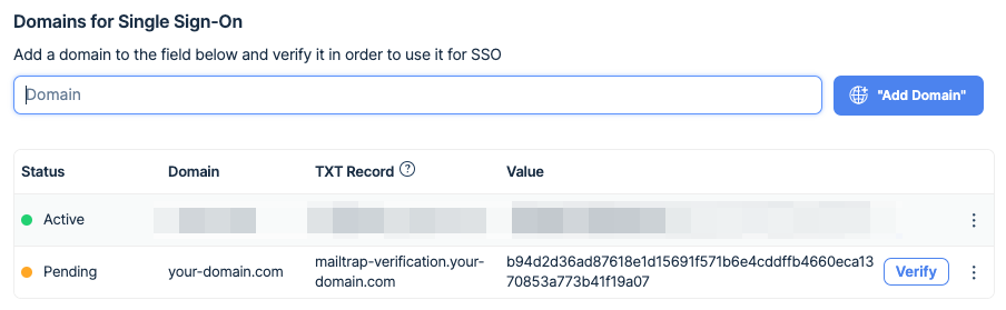 SSO domains table showing active and pending domains with TXT record verification