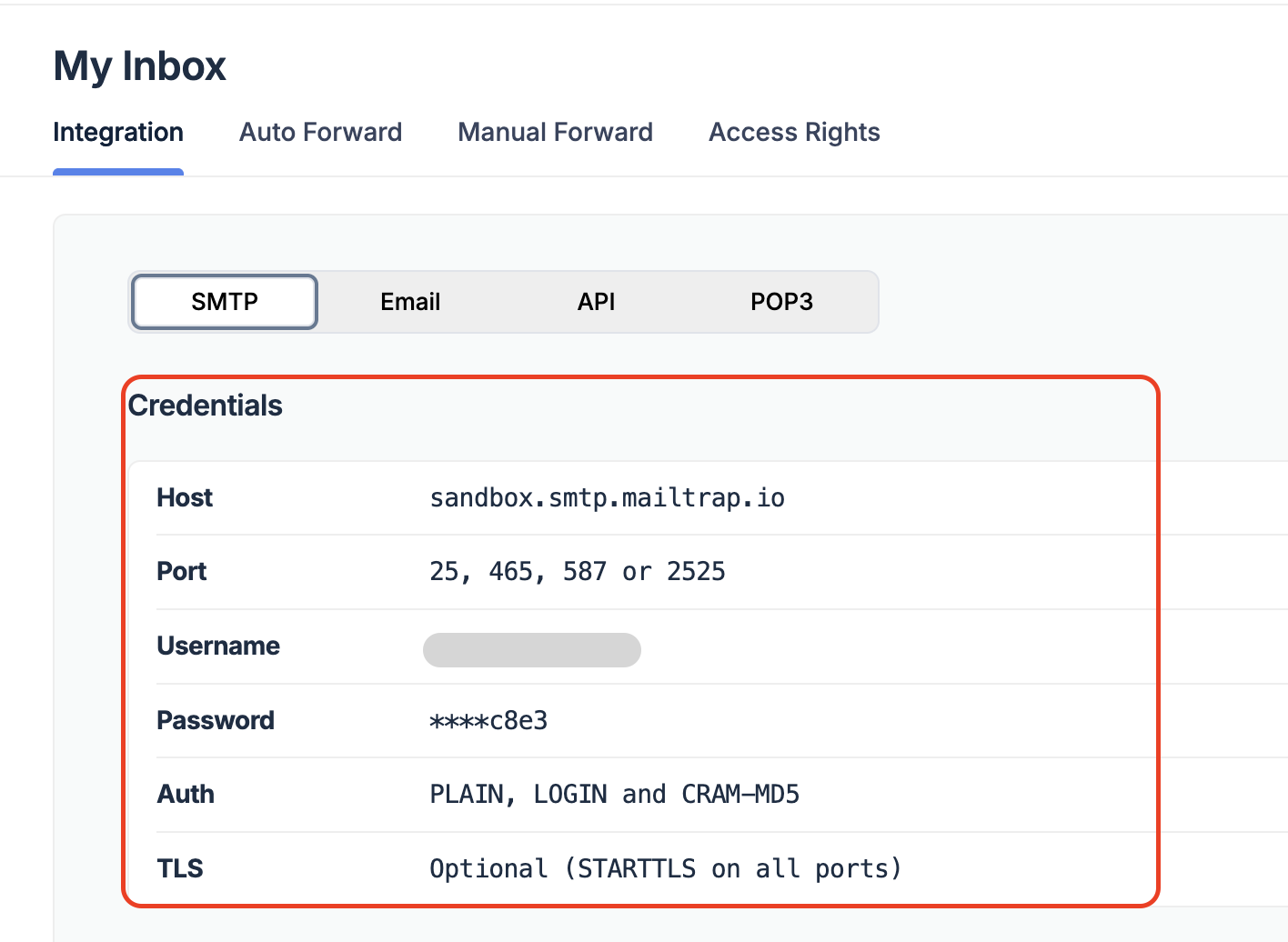 Integration tab showing SMTP credentials including host, port, username, password and auth settings