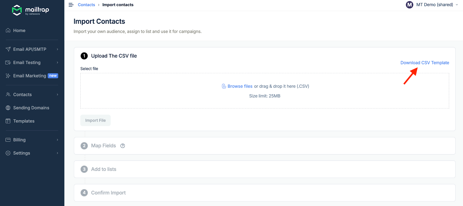 Download CSV Template button for importing contacts