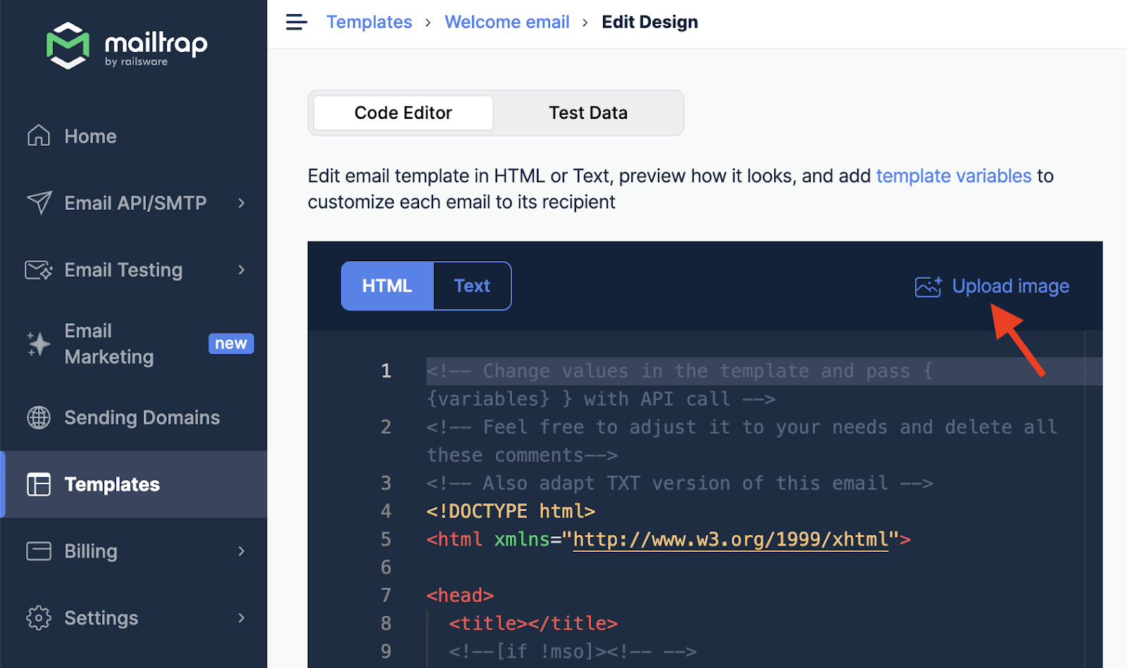 Code Editor with Upload image button highlighted in upper right corner