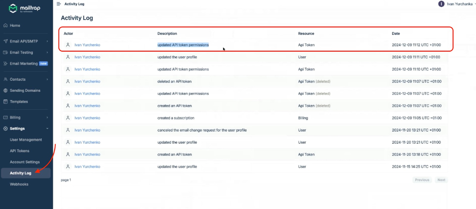 Mailtrap Activity Log page showing user actions with Actor, Description, Resource and Date columns