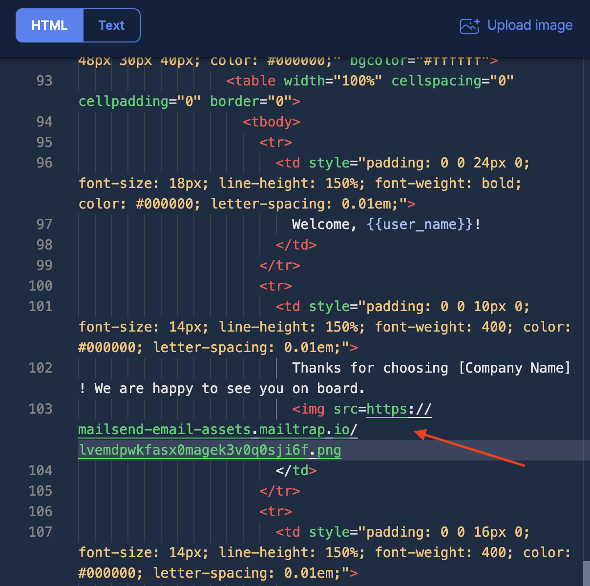 HTML code showing image URL inserted in img src attribute with highlighted code