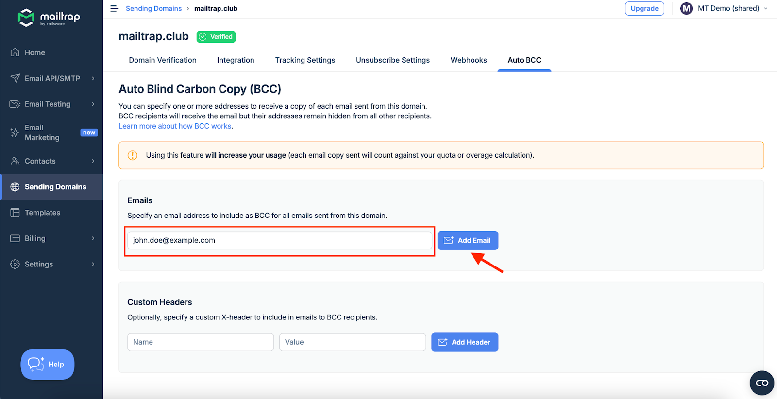 Auto BCC page with email input field and Add Email button highlighted by red arrow