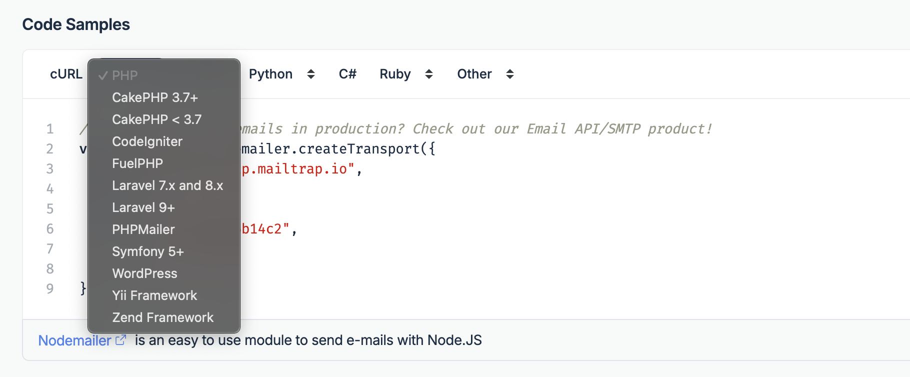 Code Samples section with PHP framework dropdown showing CakePHP, Laravel, Symfony and other options