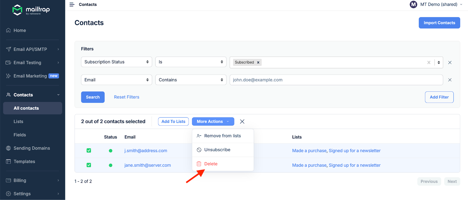 Bulk action menu showing Delete option