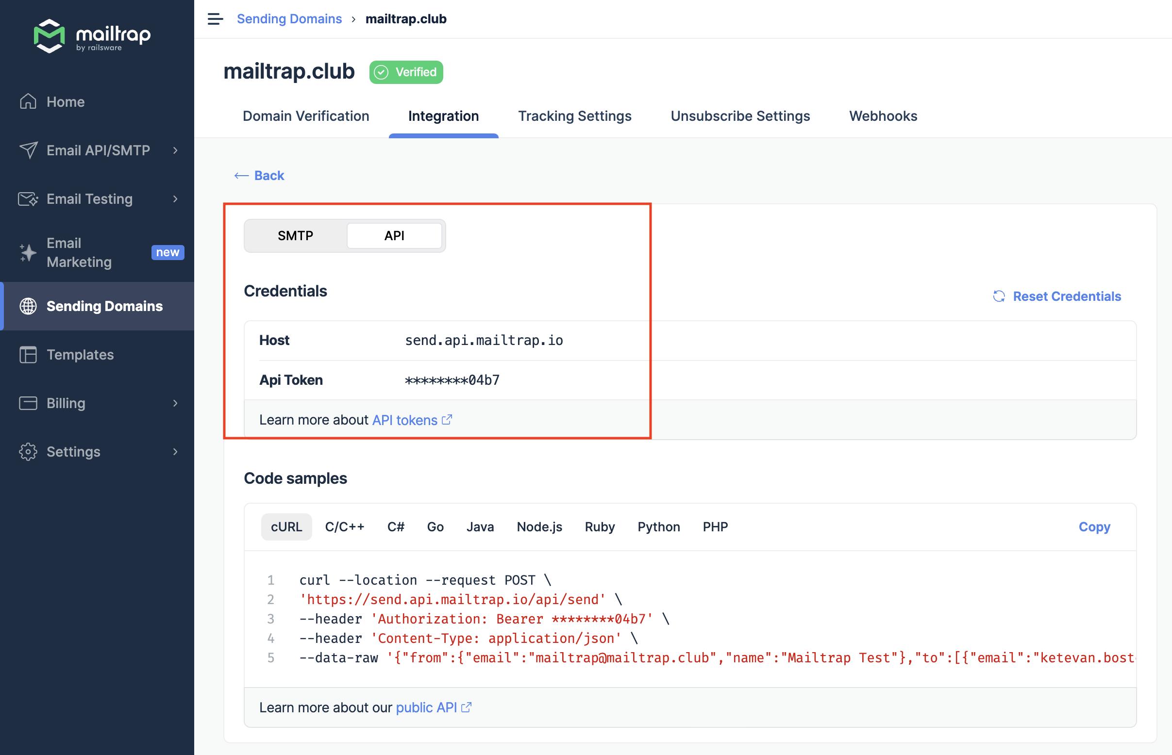 Transactional Stream API credentials showing Host and API Token
