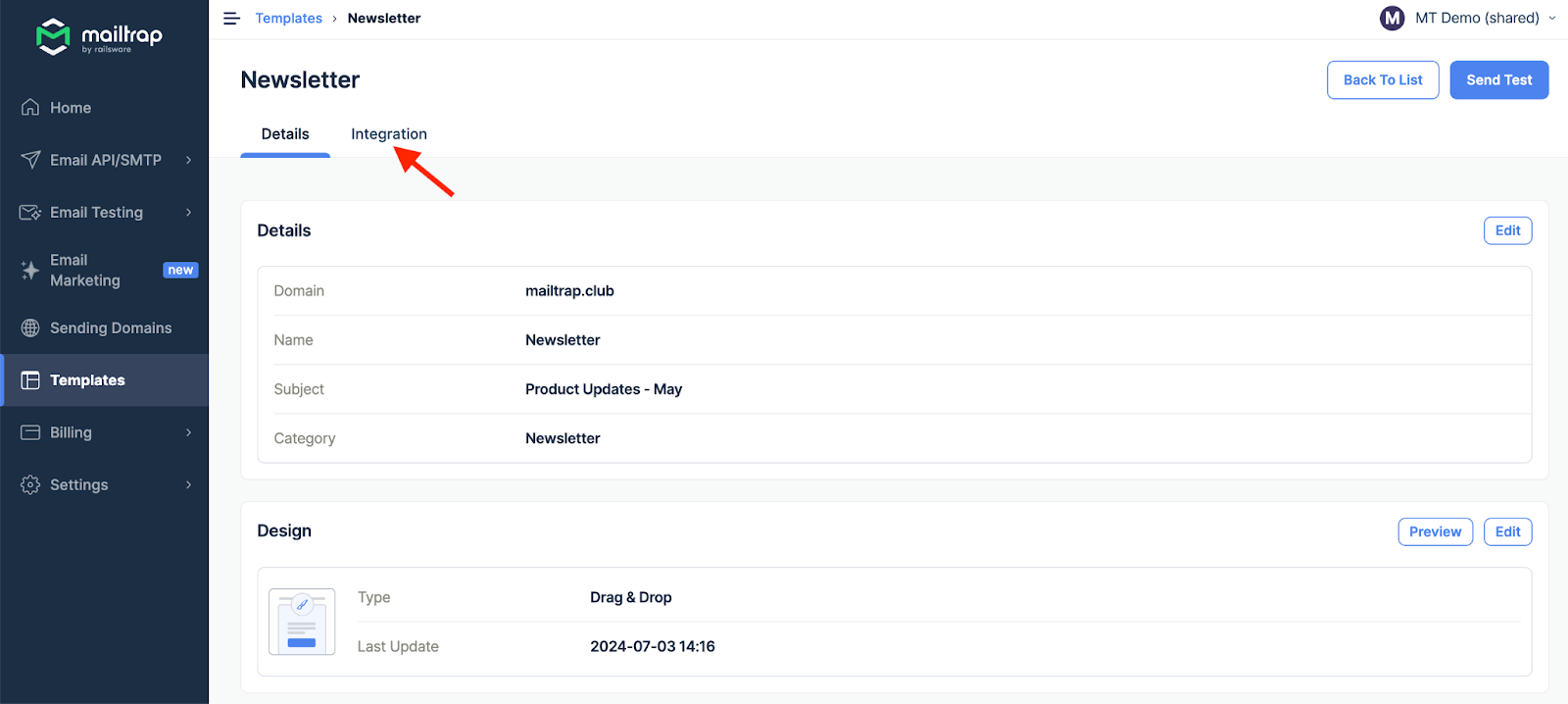 Template page showing Details and Integration tabs with Integration tab highlighted by red arrow