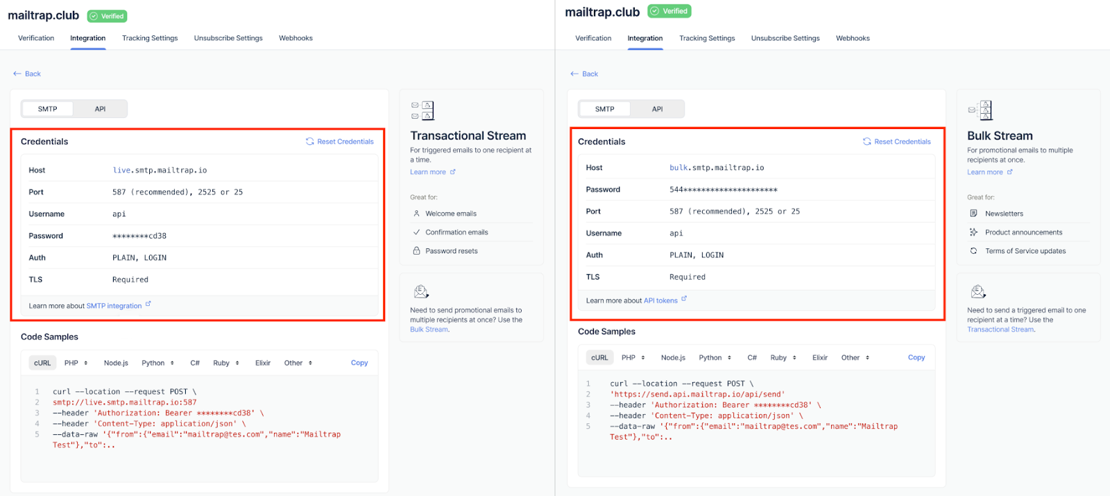 Integration tab showing SMTP and API credentials for both Transactional Stream and Bulk Stream in Mailtrap