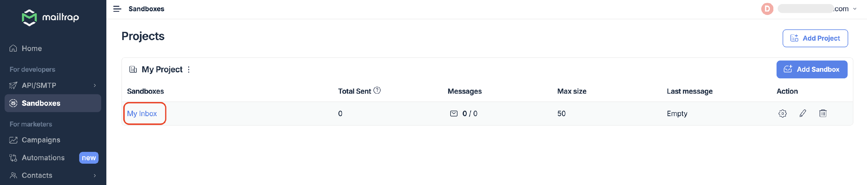 Sandboxes page showing My Project with My Inbox sandbox highlighted