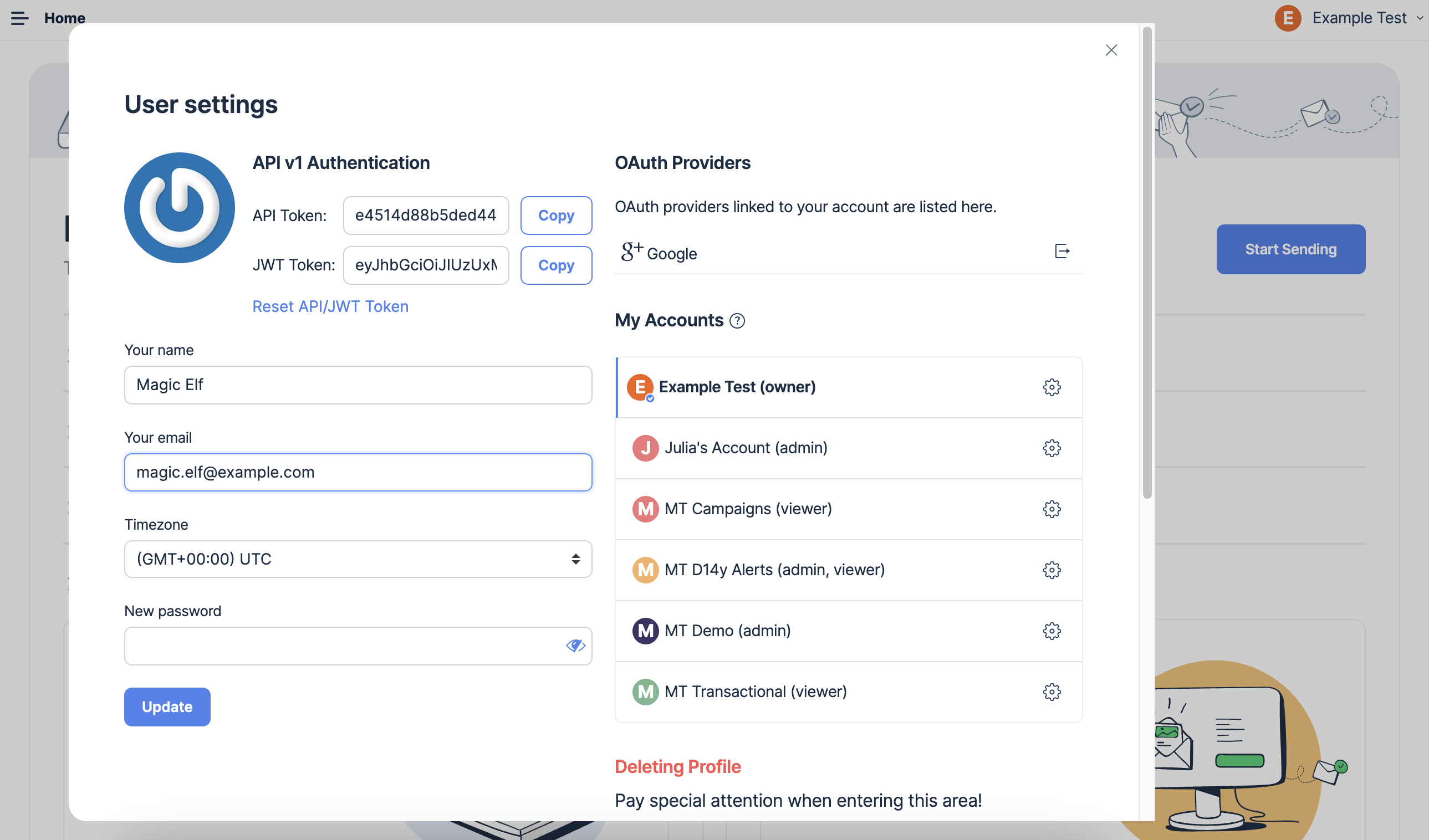 Mailtrap user menu dropdown showing My Profile option and list of accounts