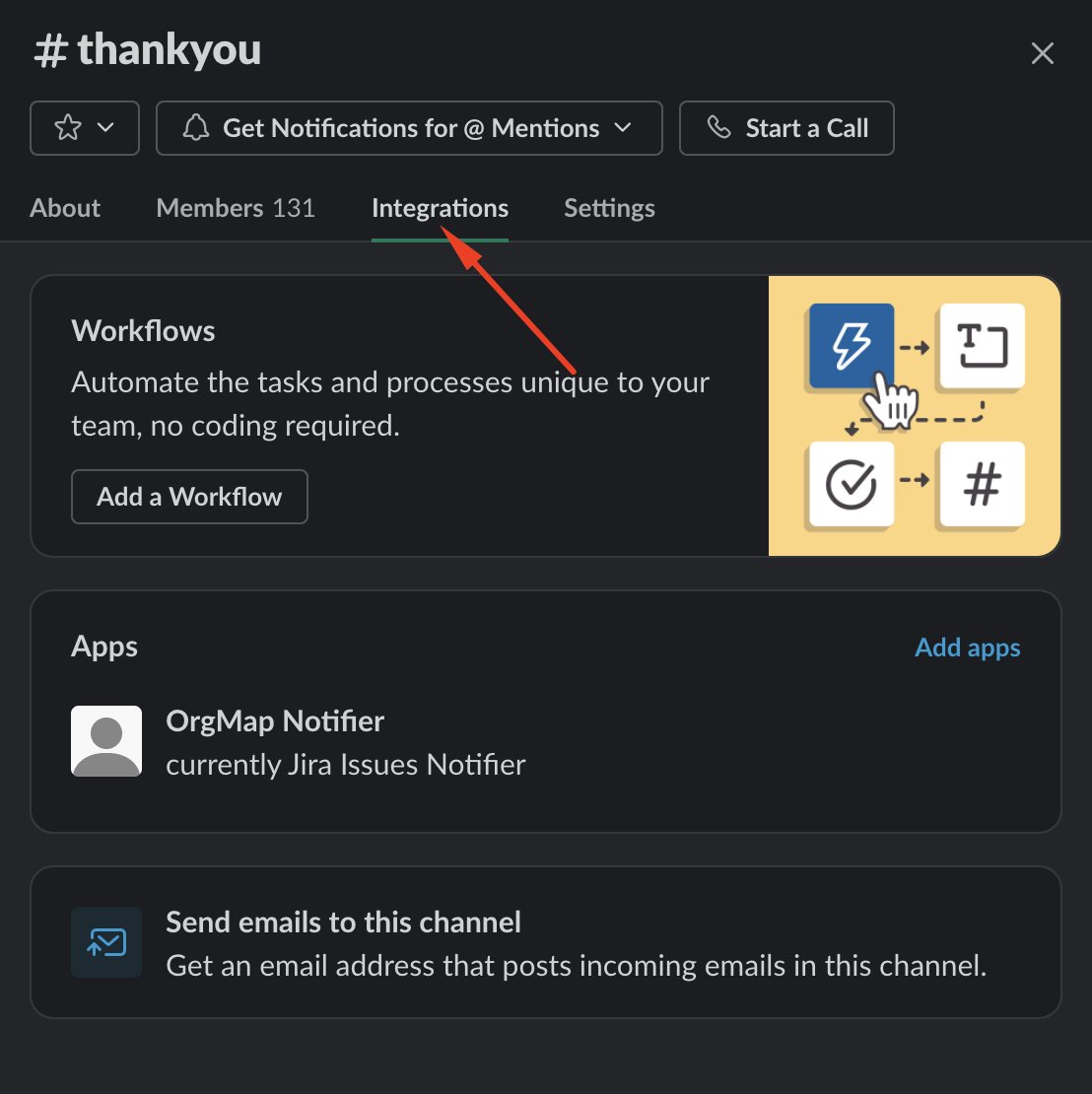 Slack channel settings showing Integrations tab highlighted with arrow