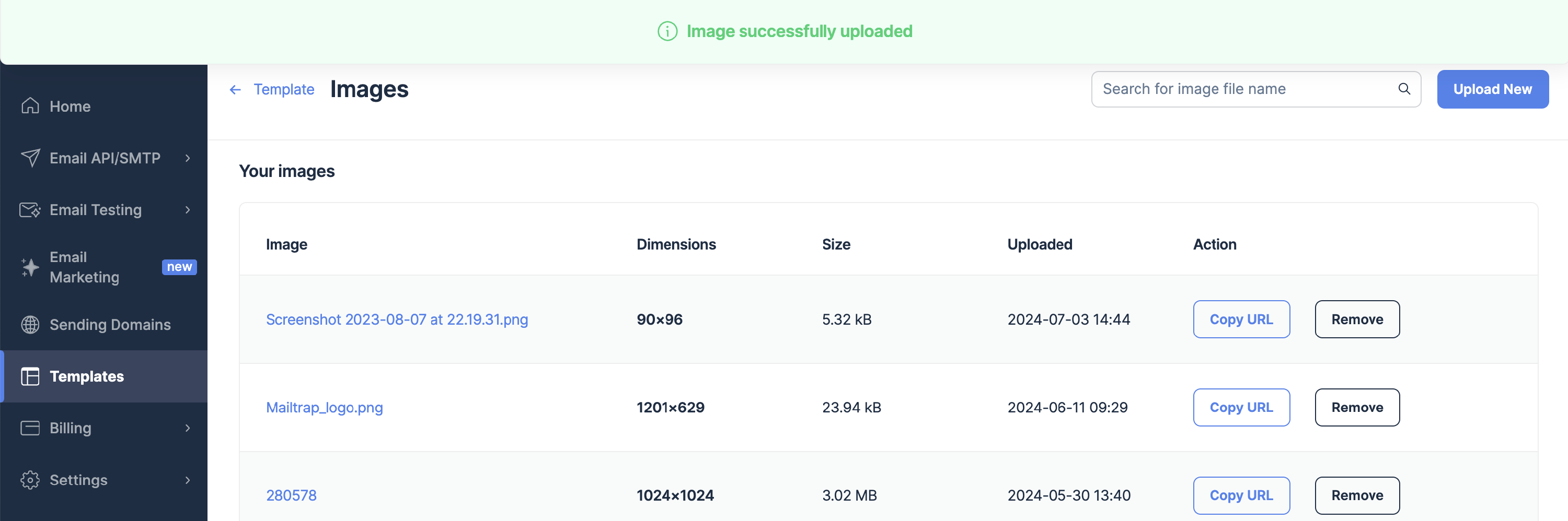 Success notification showing Image successfully uploaded message in green banner