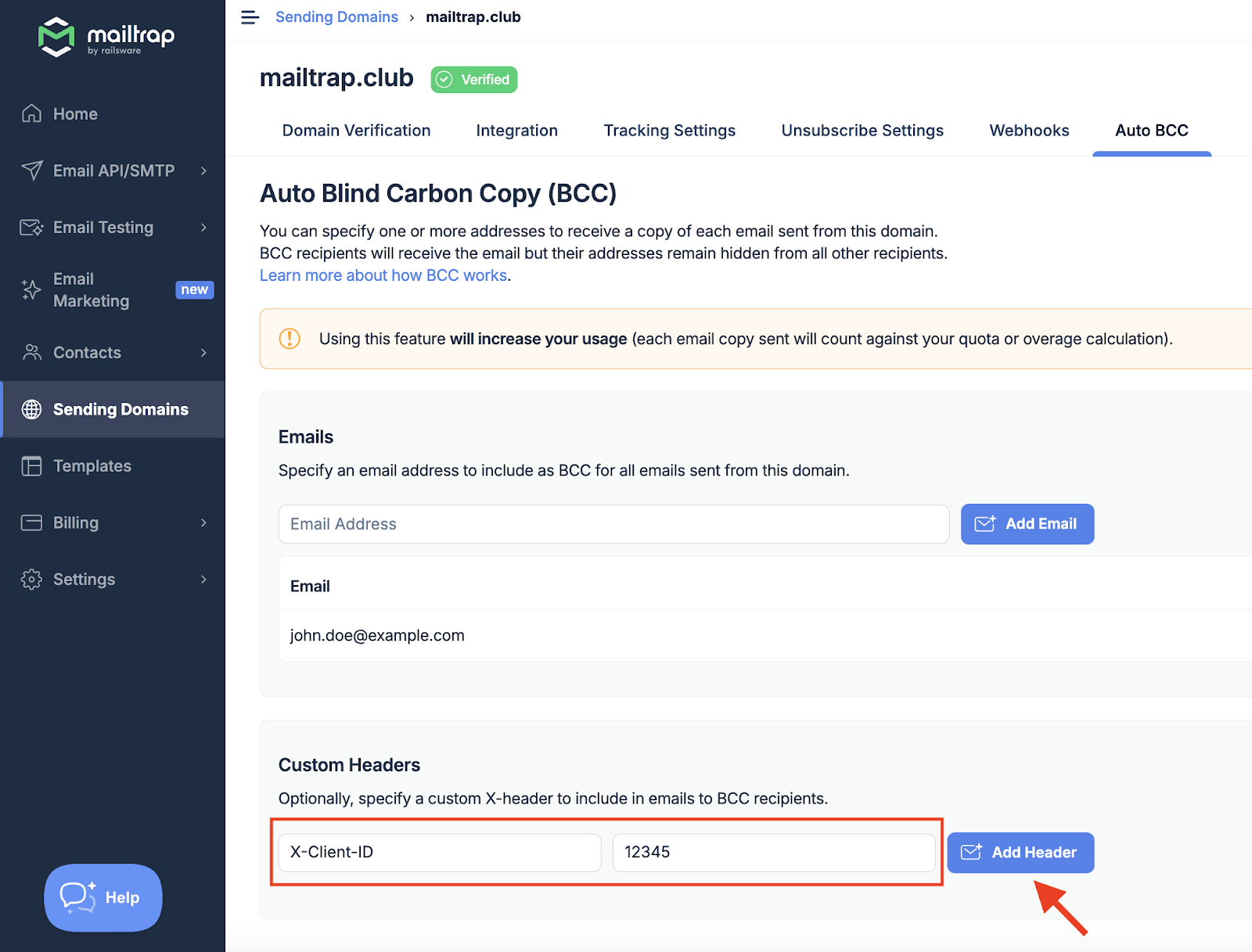 Custom Headers section with Name and Value fields and Add Header button highlighted by red arrow