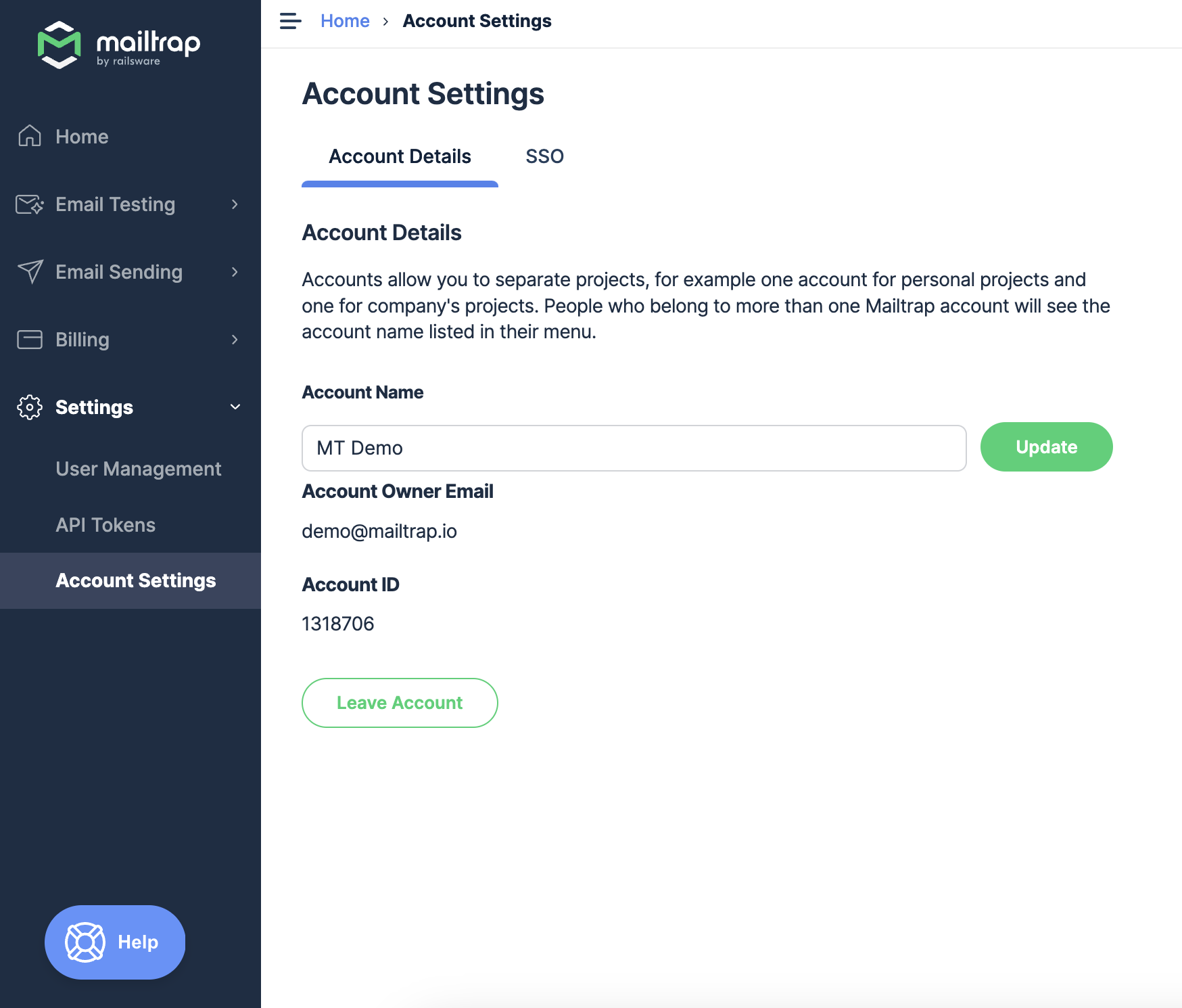 Account Settings page with Leave Account option in the menu