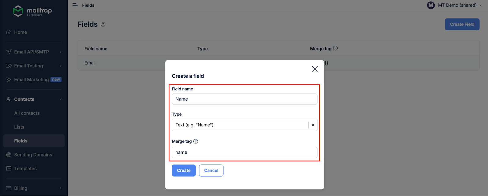 Form to create a new contact field with name, type, and merge tag inputs