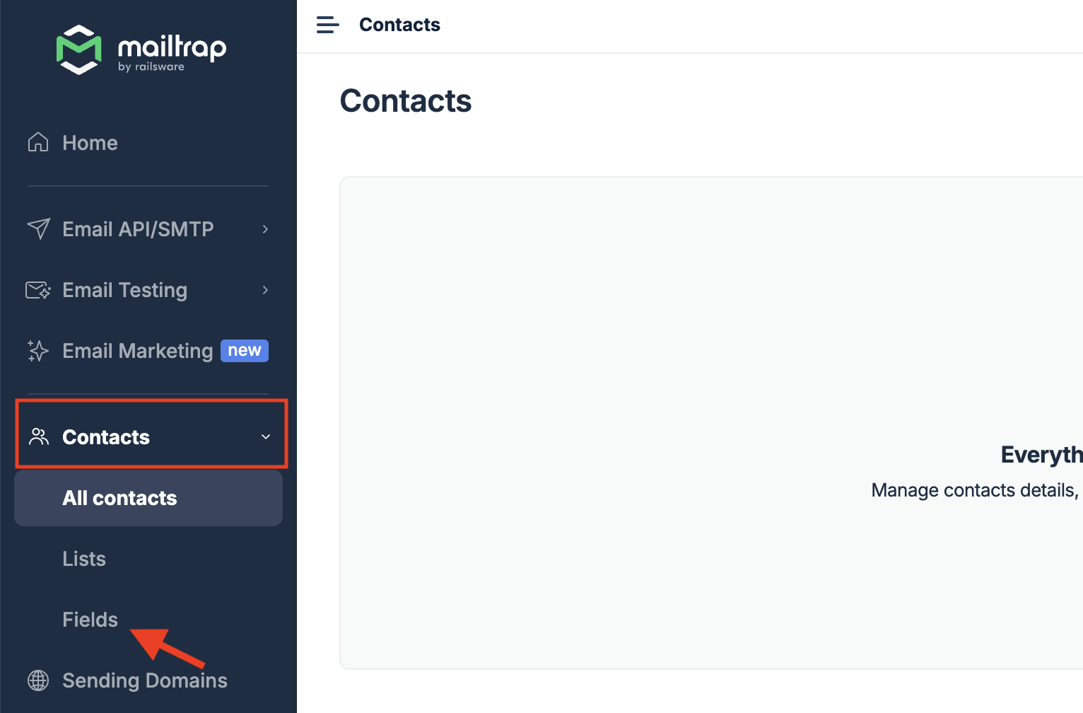 Contacts menu showing Fields tab