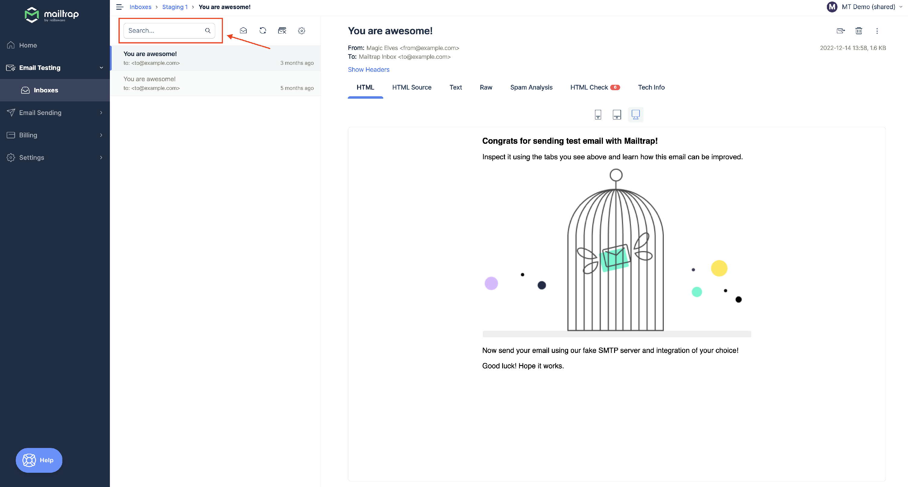 Search interface showing filter options for finding emails by subject, address, or name
