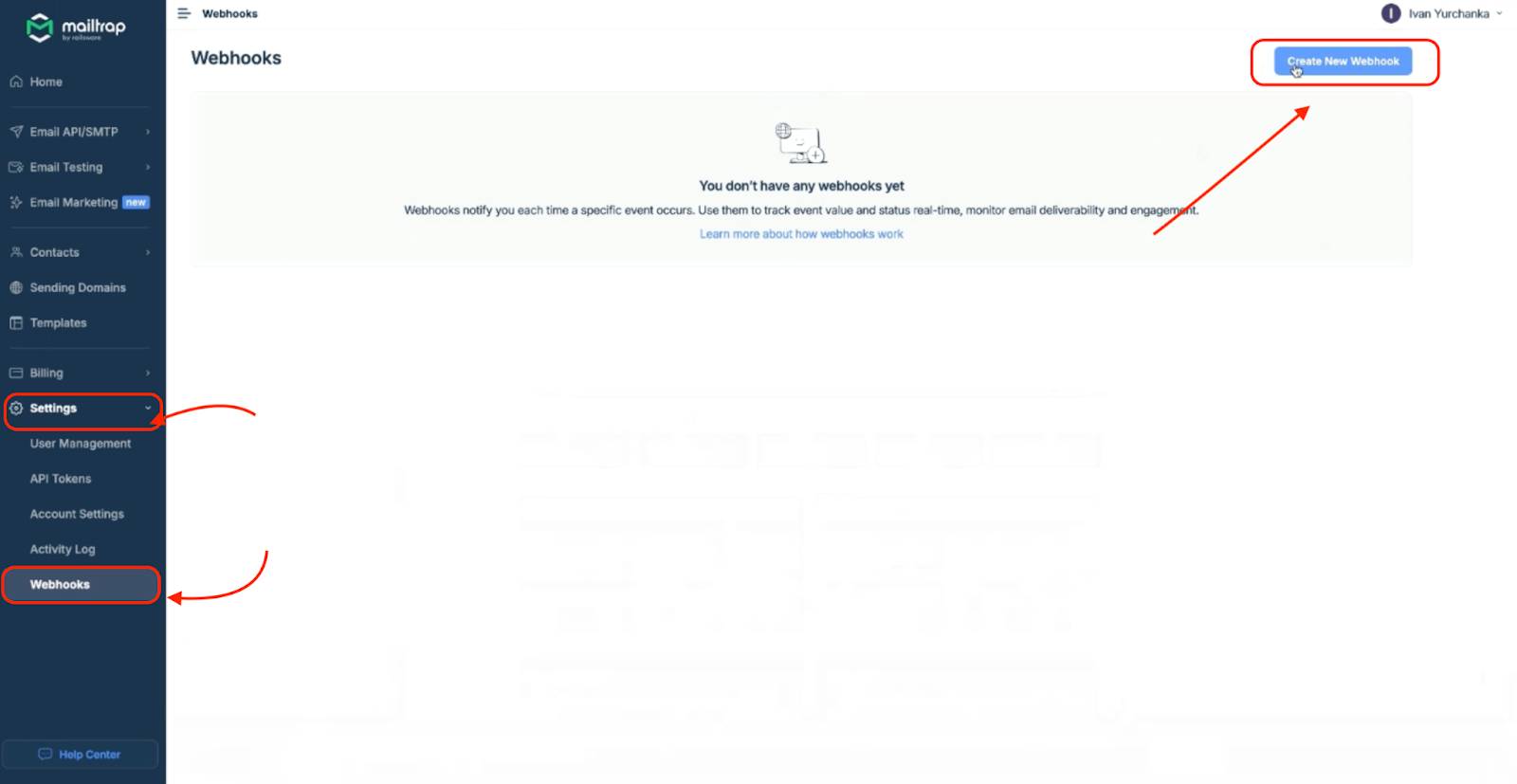 Mailtrap Webhooks settings page with Create New Webhook button highlighted