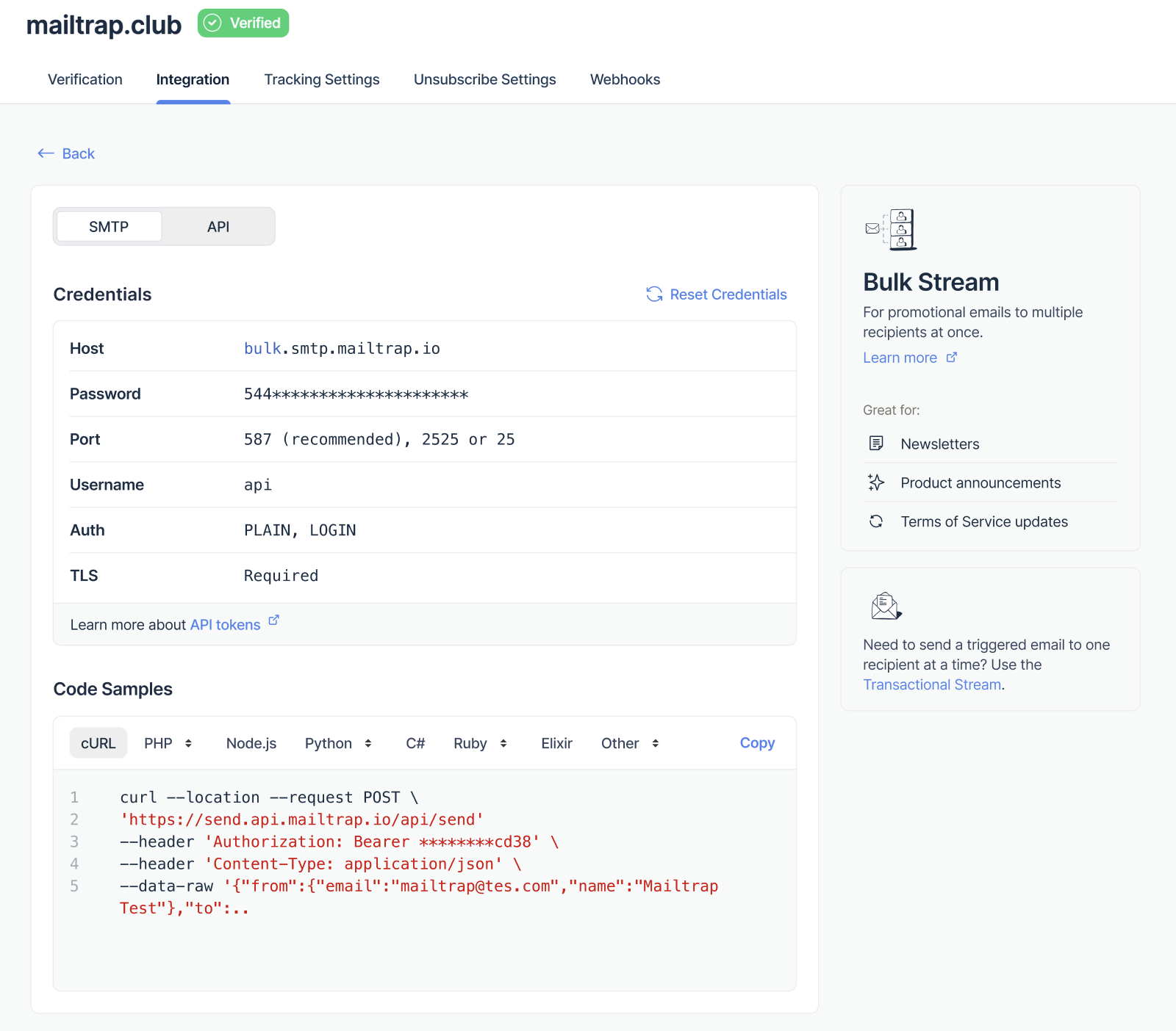 Bulk Stream SMTP credentials with host, port, username, and password