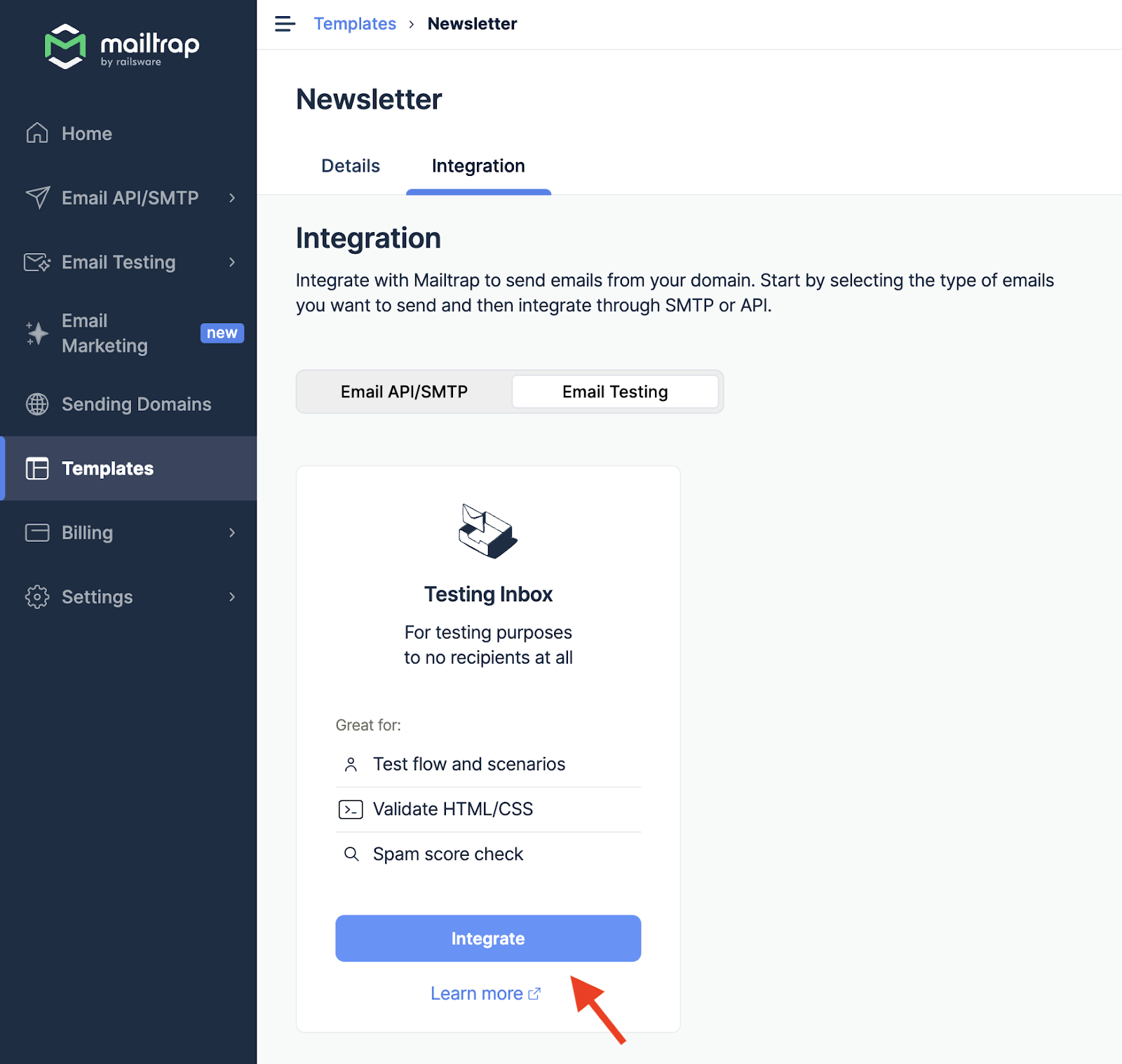 Testing Inbox card with Integrate button highlighted by red arrow