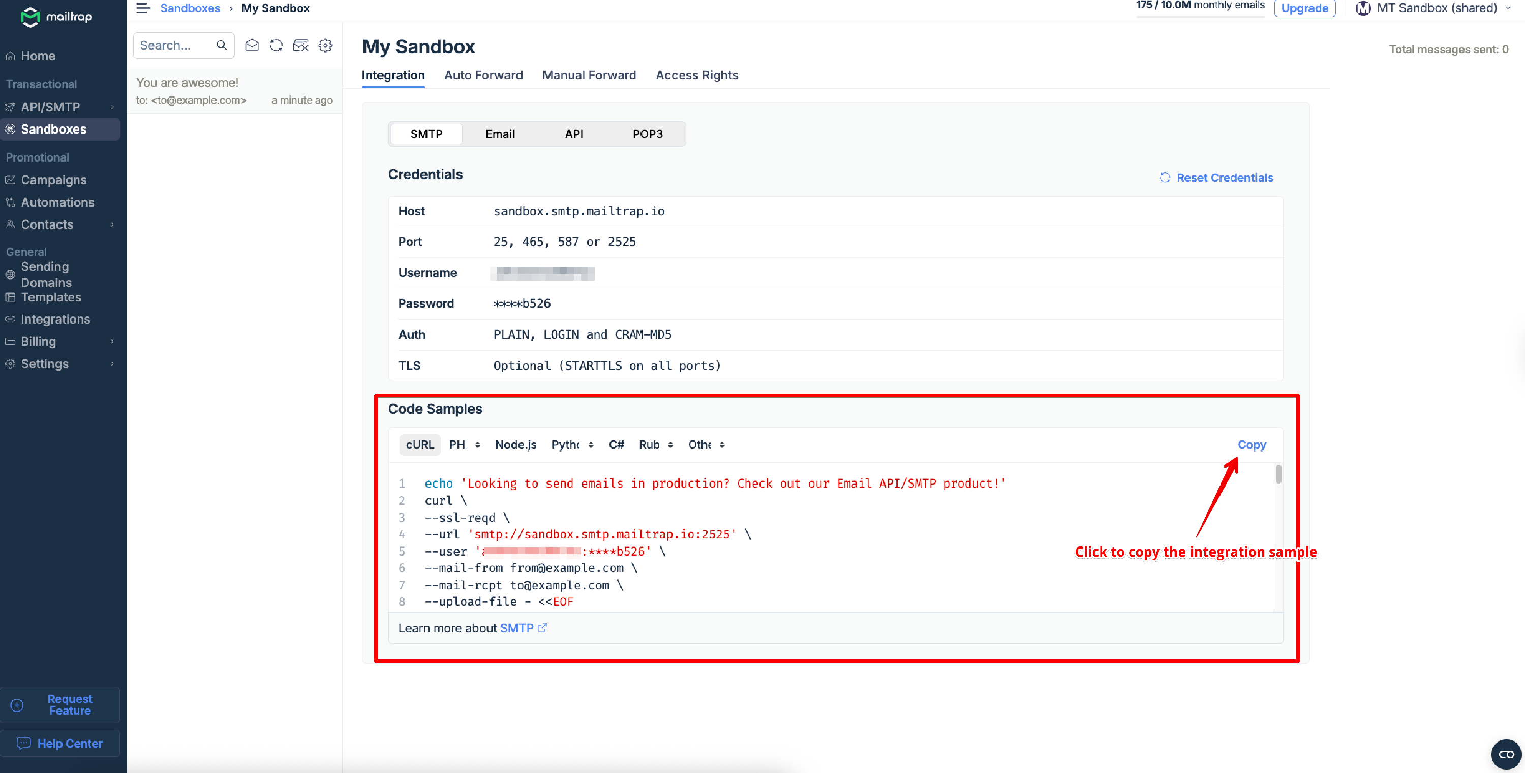 Code Samples section showing various programming language options for integration