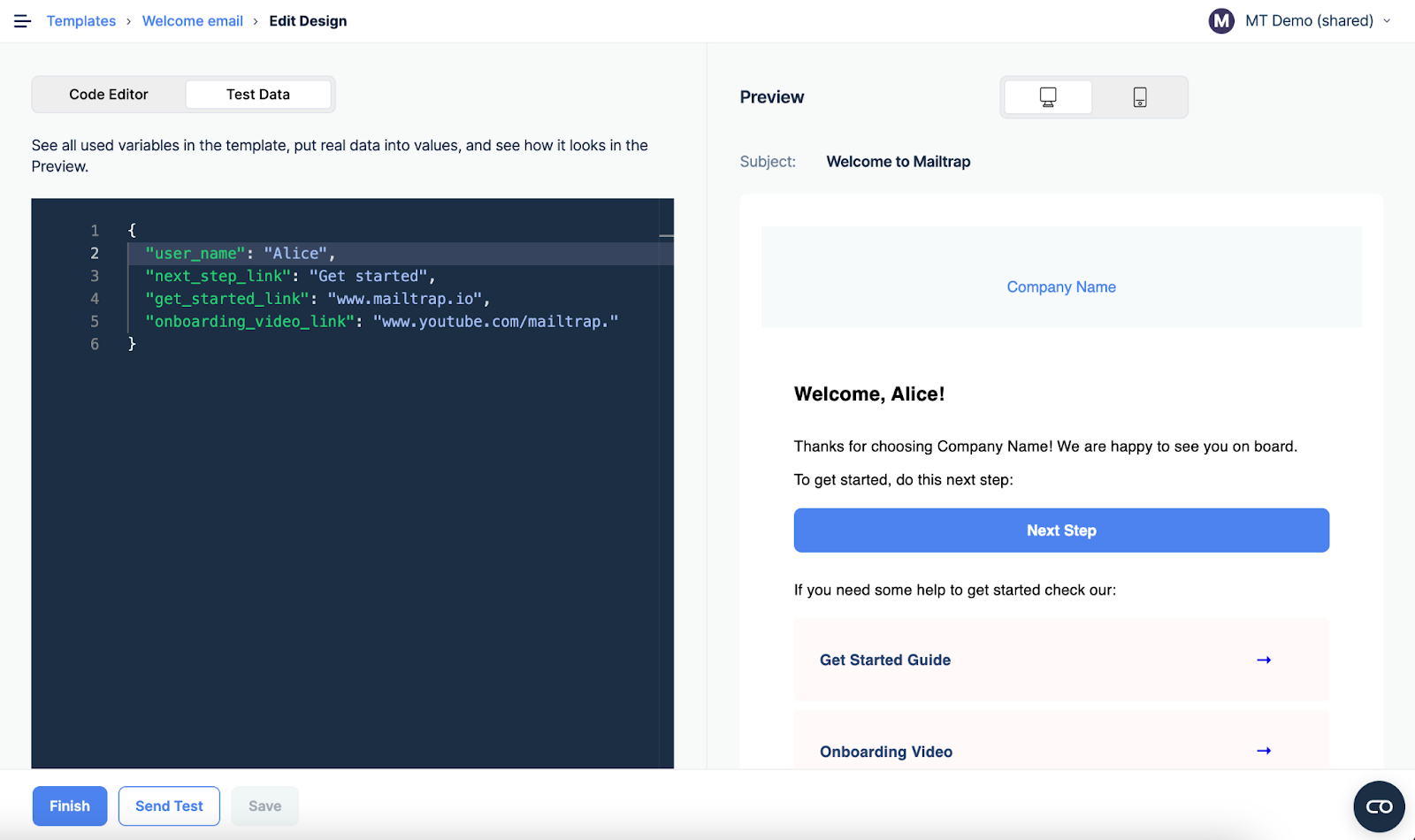 Test Data tab showing template variables with test values and preview