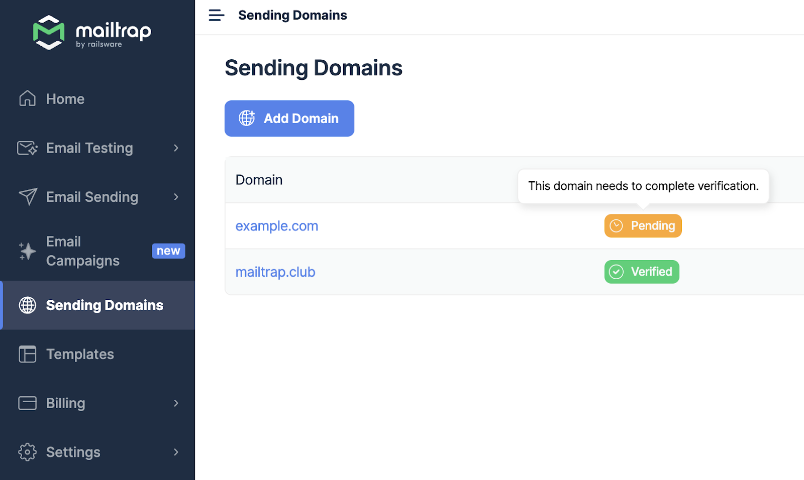 Sending Domains showing pending and verified status badges