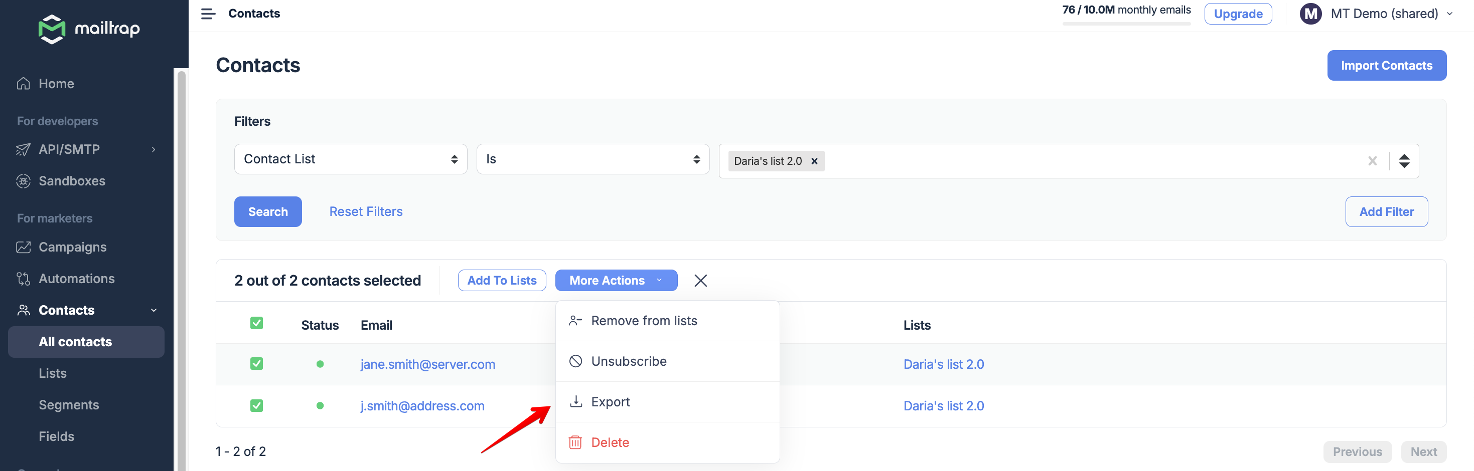Bulk action menu showing Export option