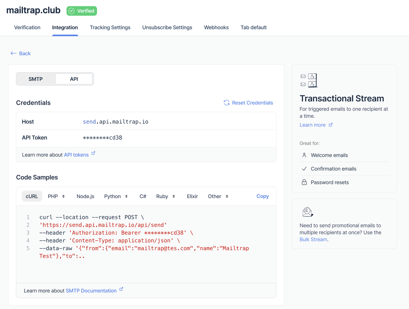 Email API integration credentials and code samples
