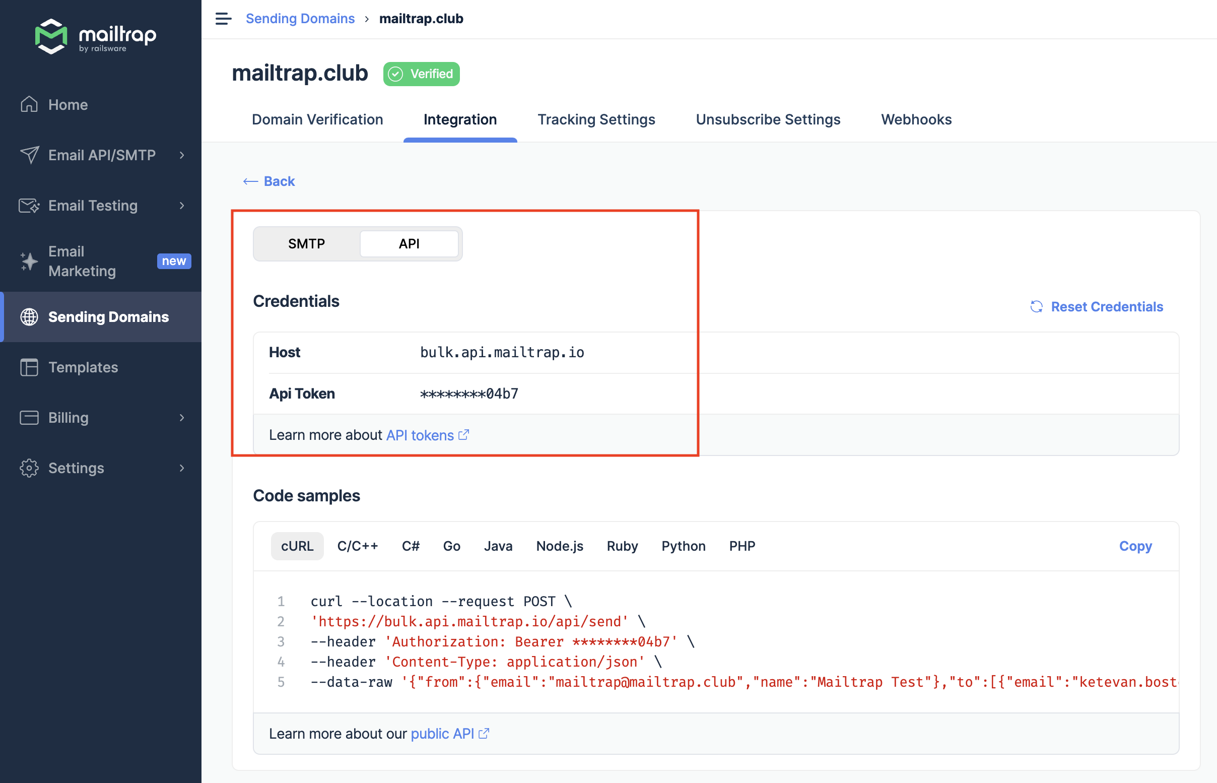 Bulk Stream API credentials showing Host and API Token