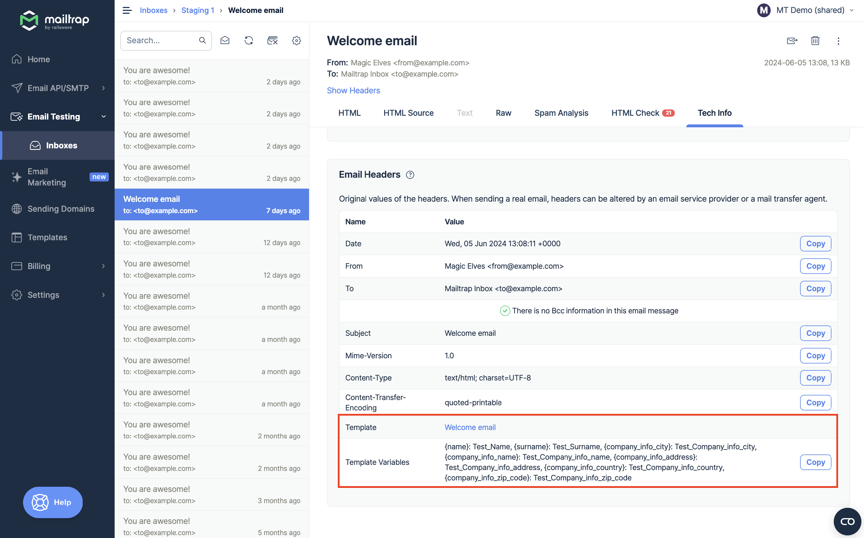 Tech Info tab showing template link and variables used in the email