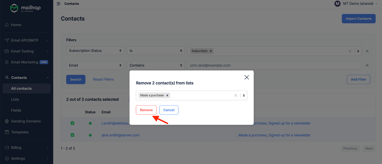 List selection dialog for removing contacts
