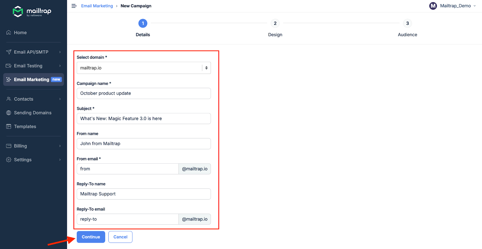 Campaign details form with domain, name, subject, and email settings