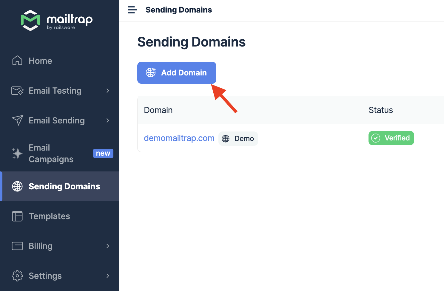 Add Domain form in Mailtrap with domain input field