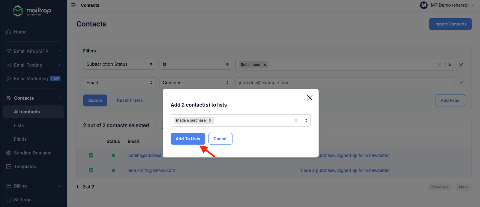 List selection dialog for adding contacts