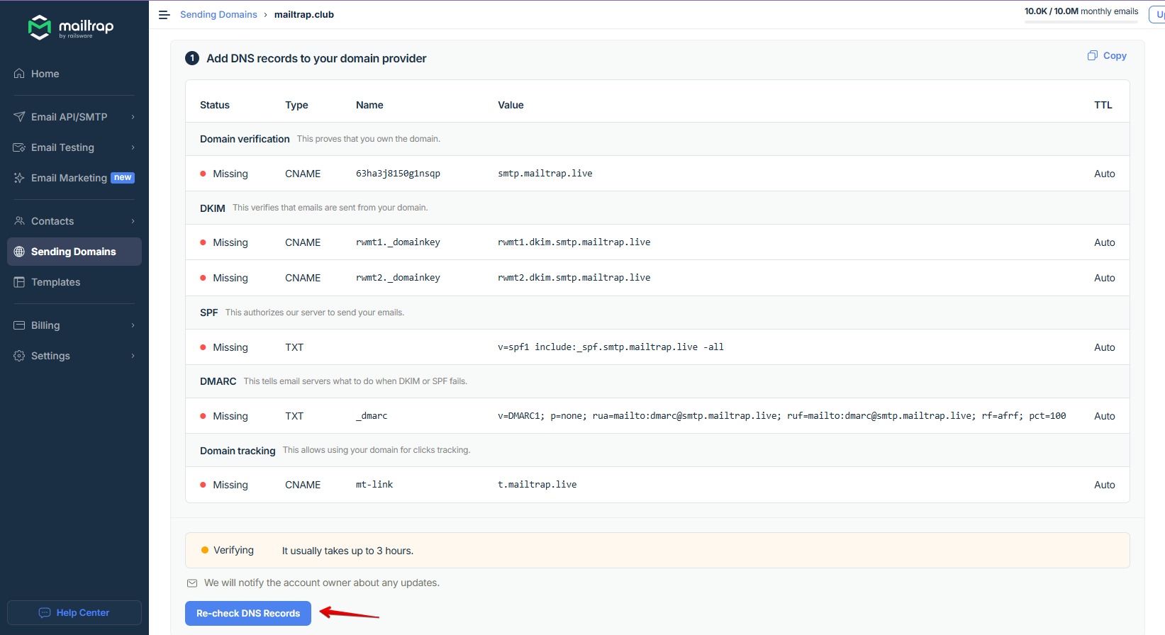DNS records table showing domain verification requirements