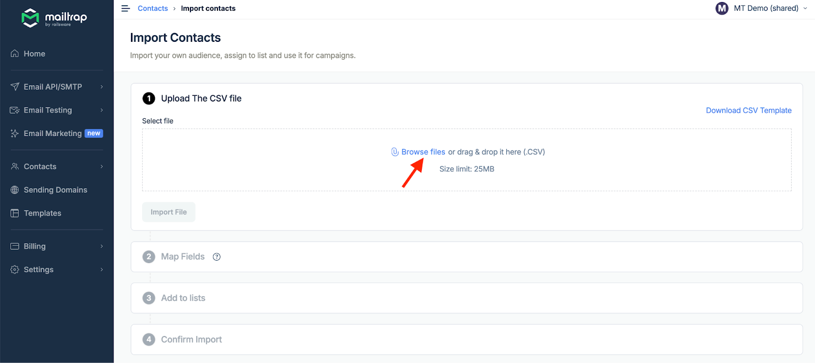 File upload area to import contacts CSV file
