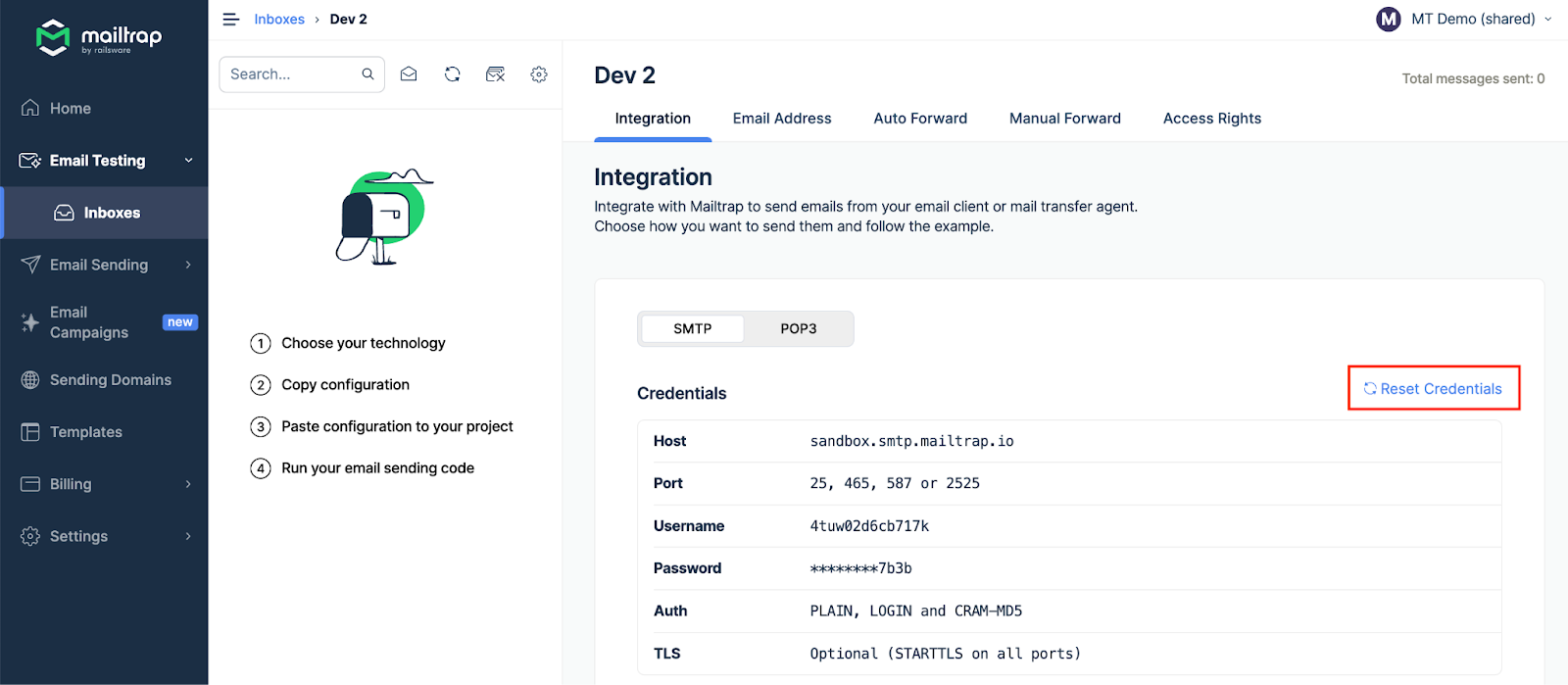 Integration tab with Reset Credentials button highlighted