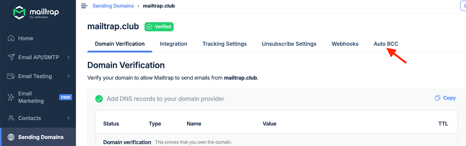 Domain page showing Auto BCC tab highlighted by red arrow