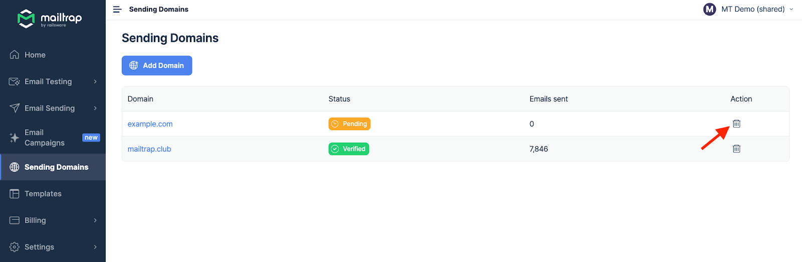 Sending Domains with delete button highlighted